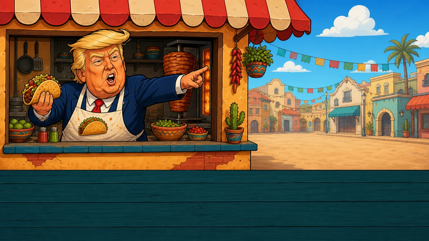 A cartoon taco stand with a theatrical blond server